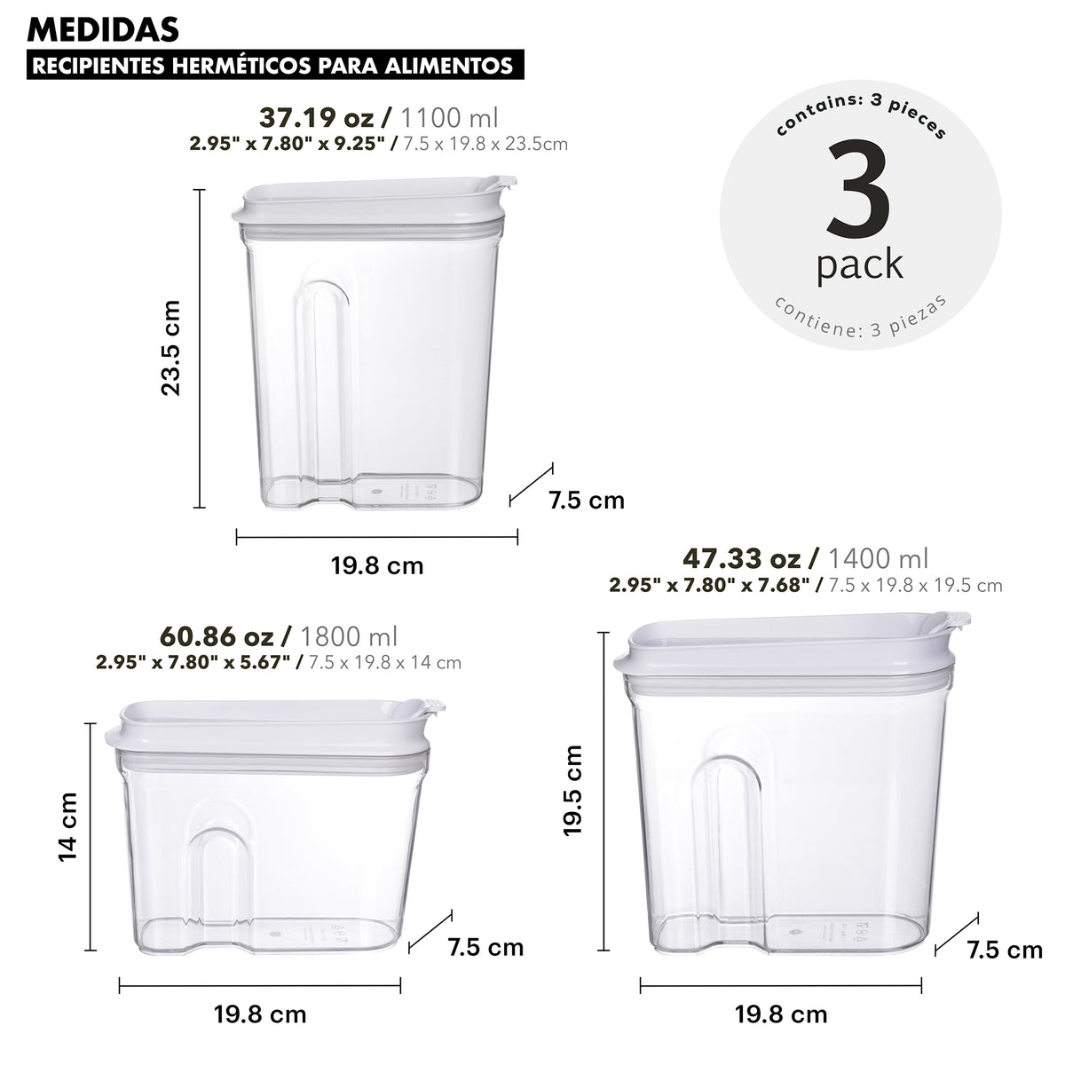 BASIC AIRTIGHT CEREAL CONTAINERS - 3 PIECES.