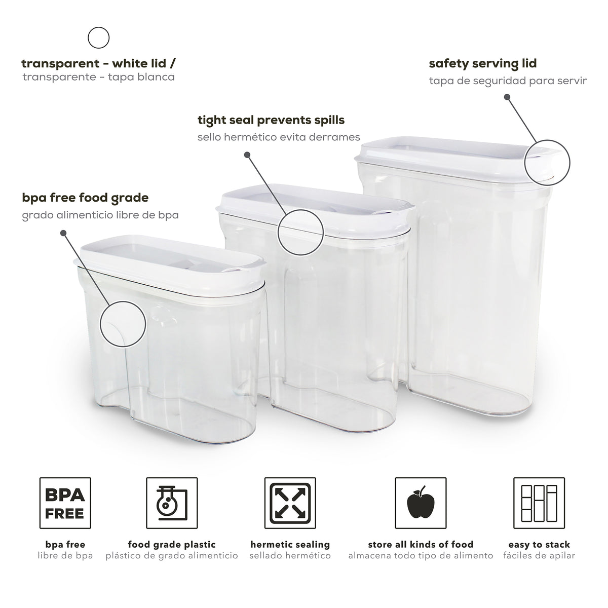 BASIC AIRTIGHT CEREAL CONTAINERS - 3 PIECES.